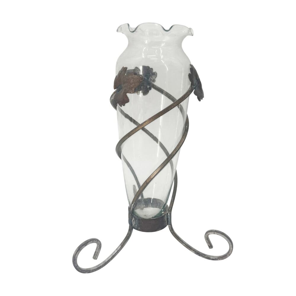 vintage clear glass Flower Vase in swirled Metal Stand iron grape leaves decor